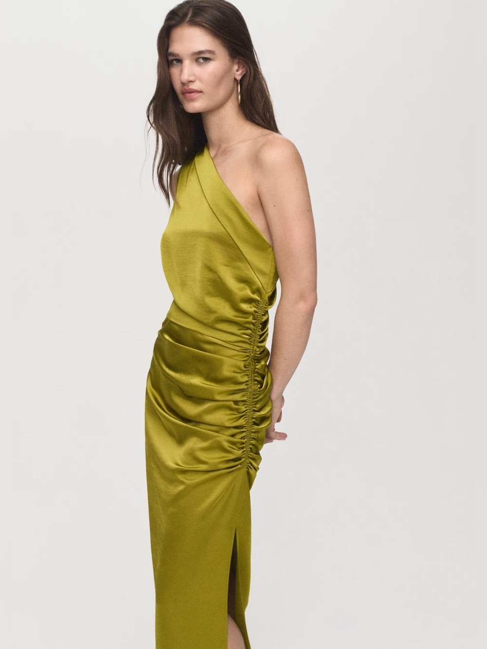 Mango Olive green asymmetrical satin dress with side slits NWT - Picture 3 of 7